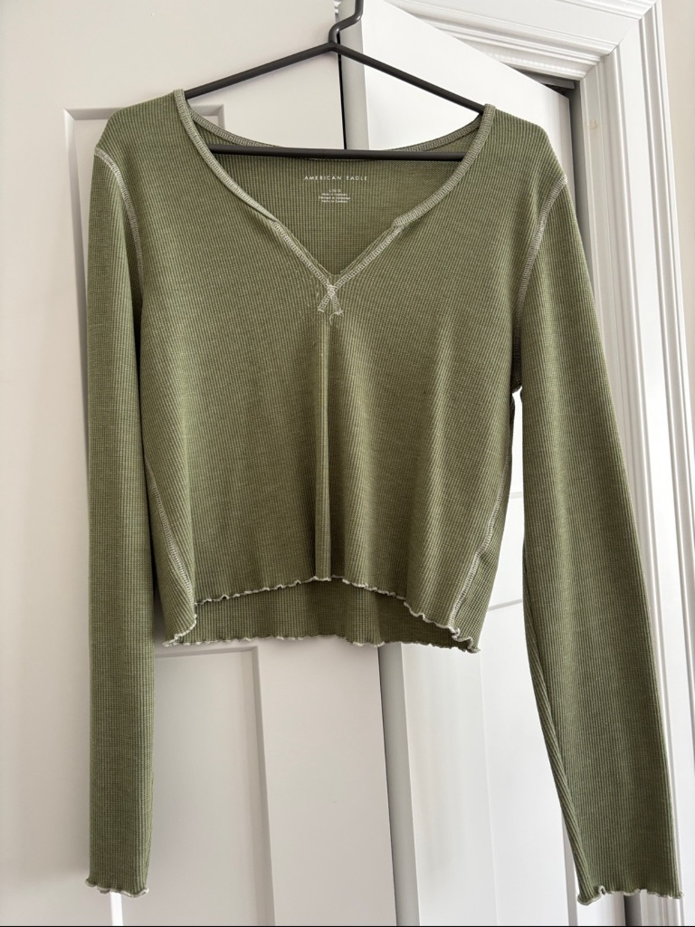 American Eagle Outfitters Olive Ribbed V-Neck Long Sleeve Top